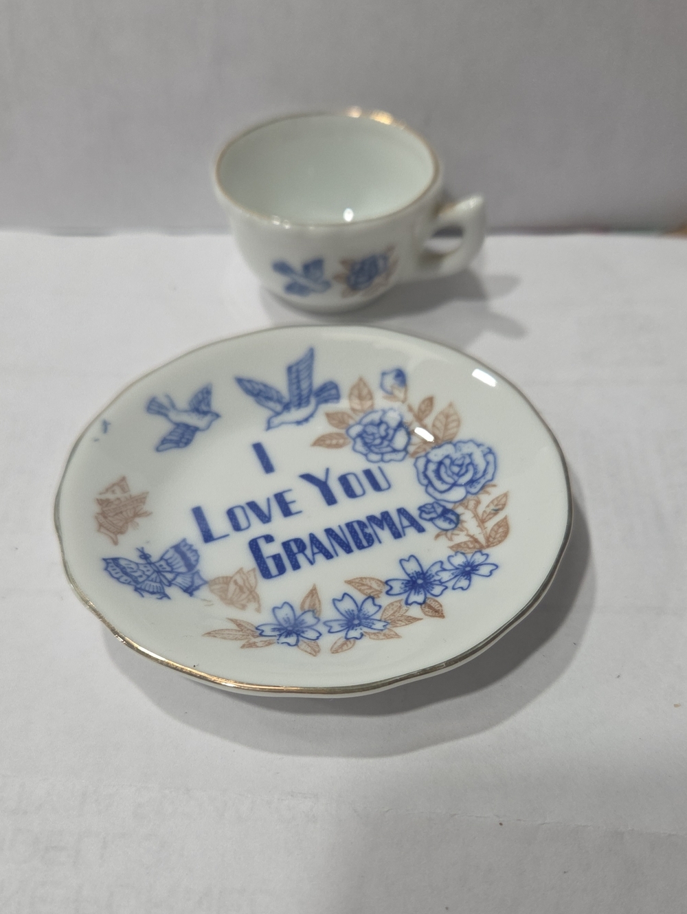 Grandma Porcelain Trinket Dish and Mini Cup - White with Blue Floral Design